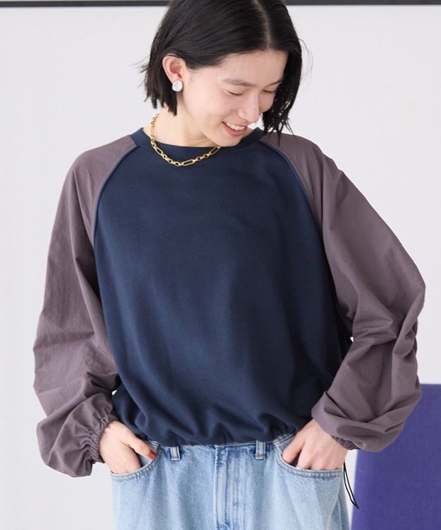 AMERICAN HOLIC 異素材ギャザースリーブミニ裏毛プルオーバ Navy