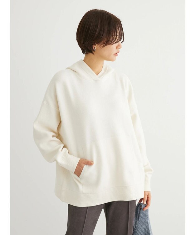 Green Parks スウェット風フード付ニットプルオーバー Ivory
