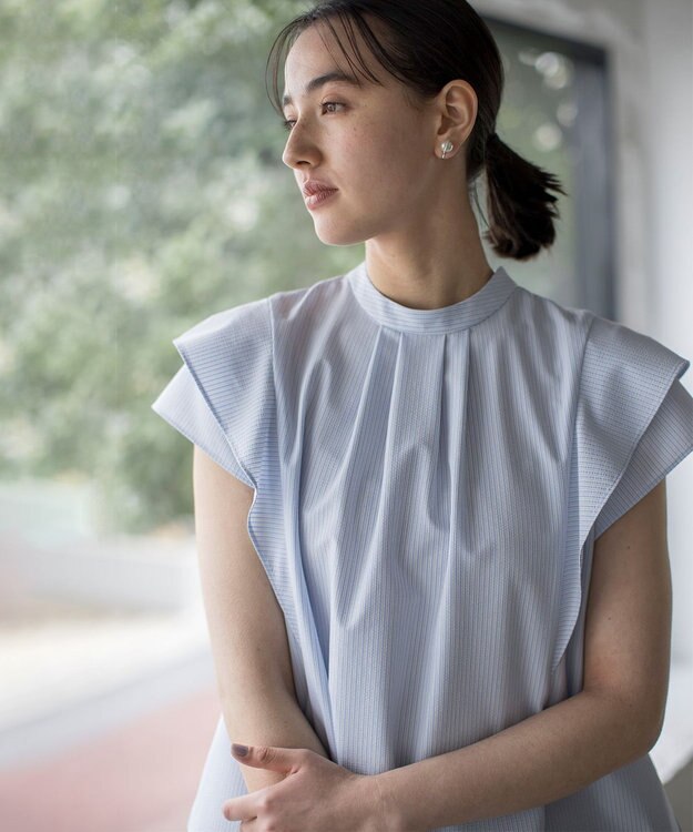 組曲 L 【前後着用可】ドライタッチダブルフレア ブラウス ブルーストライプ系1