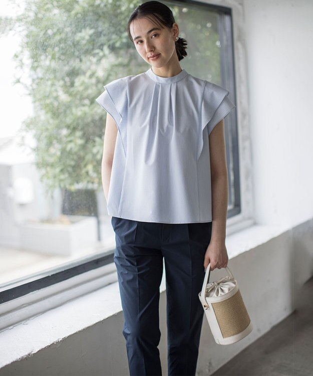 組曲 【前後着用可】ドライタッチダブルフレア ブラウス ブルーストライプ系1