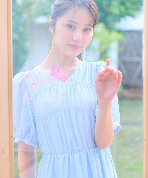 Feroux 【洗える】ギャザーデザインパフスリーブワンピース スカイブルー系