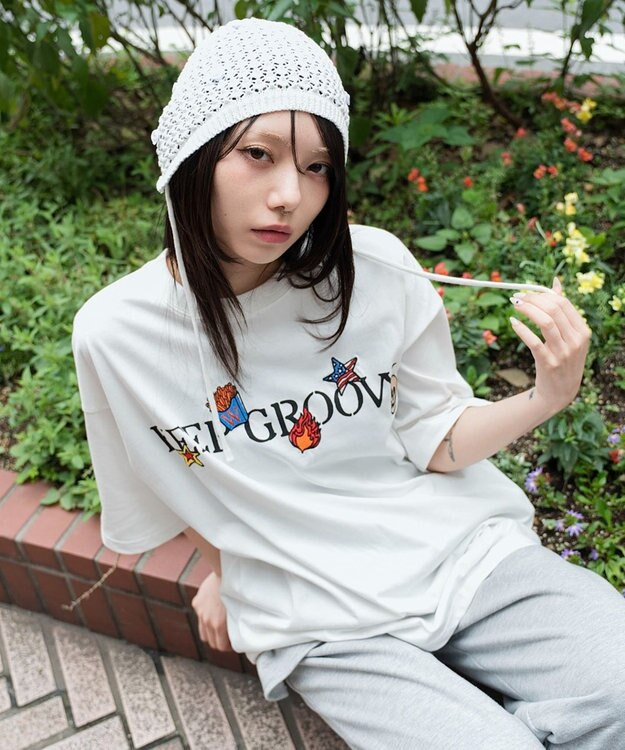 WEGO 【ユニセックス着用ITEM/機能T】接触冷感モチーフ刺繍グラフィックT（SS） ホワイト