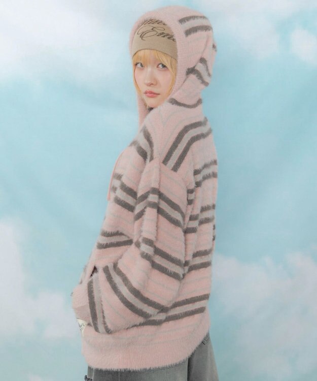WEGO 【ユニセックス着用ITEM】シャギーボーダーニットパーカー ピンク