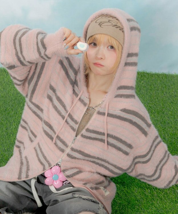 WEGO 【ユニセックス着用ITEM】シャギーボーダーニットパーカー ピンク