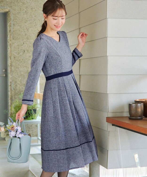 Tiaclasse 【洗える】配色パイピングフレアワンピース ネイビー