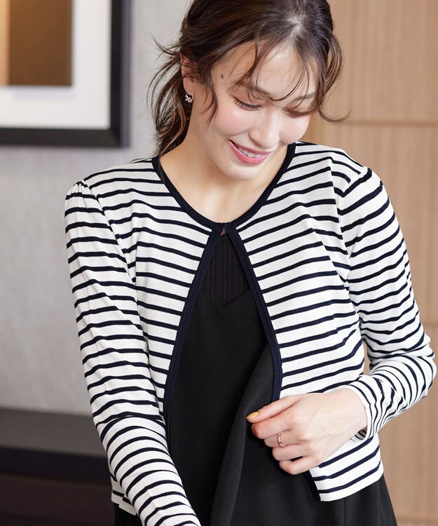 Tiaclasse 【洗える】長袖サマーニットカーディガン ボーダー(オフネイビー)