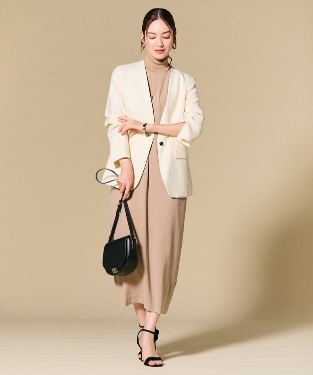 BEIGE， 【L-size】CAROLE / リネンライクノーカラーハーフ丈ジャケット Ecru