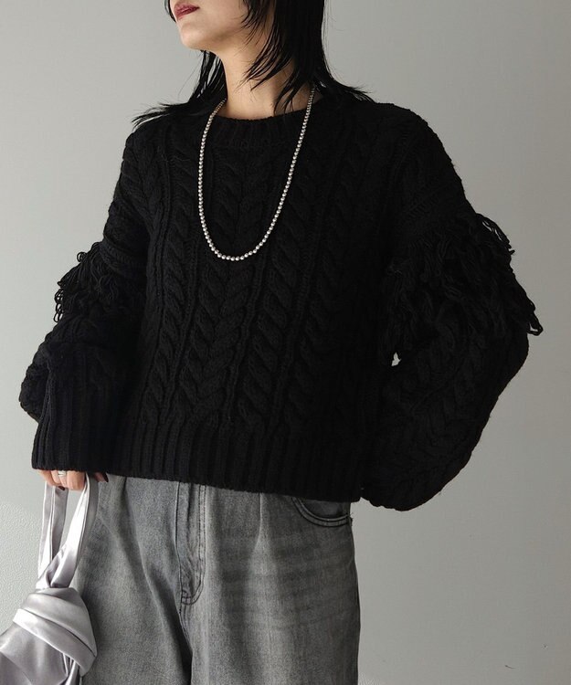 Green Parks フリンジスリーブショート丈ケーブルニット Black