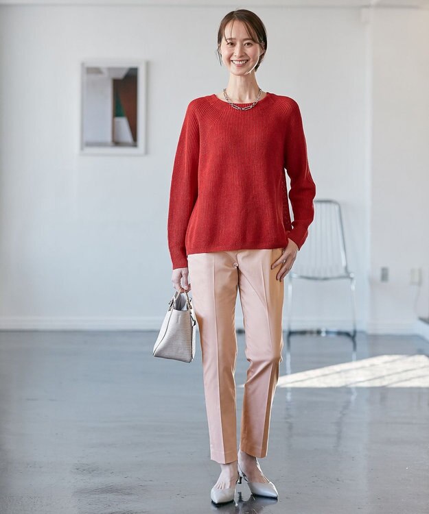 自由区 【XSサイズ～/洗える】リネンミドルゲージボートネック ニット レッド系