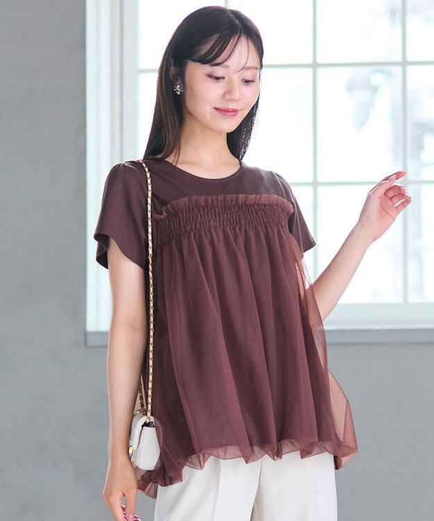 Feroux 【汗ジミが目立たない・洗える】バルーンチュール Tシャツ ダークブラウン系