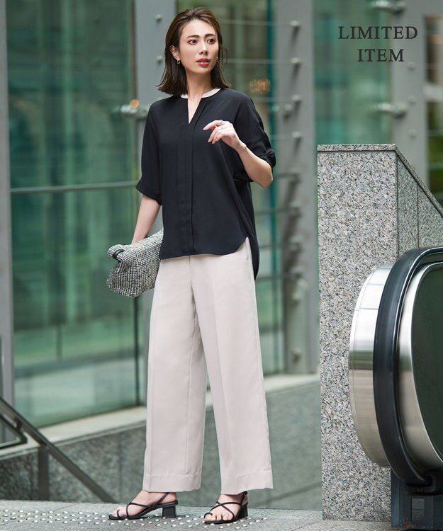 ICB 【人気のため新色追加・WEB限定・接触冷感・UVケア・速乾・洗える】BackSatinAmunzen 5分袖キーネックブラウス ブラック×トープ系