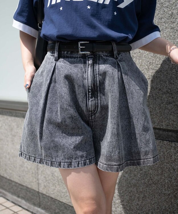 WEGO ベルト付デニムタックショートパンツ ブラックその他