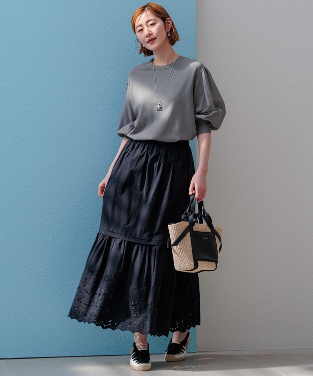 23区 S 【ご好評につきカラー追加/洗える】クロスコンビ パフスリーブ ニット カーキ系