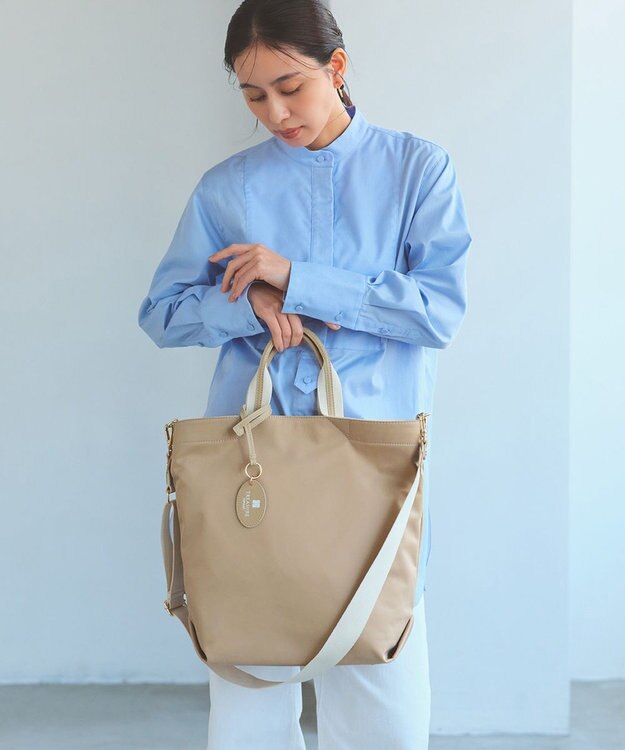 TOPKAPI 【TREASURE TOPKAPI】ストライプハンドル ナイロン 縦型 2way トートバッグ A4対応 ライトベージュ