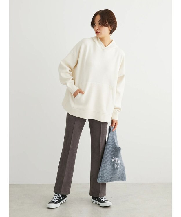 Green Parks スウェット風フード付ニットプルオーバー Ivory