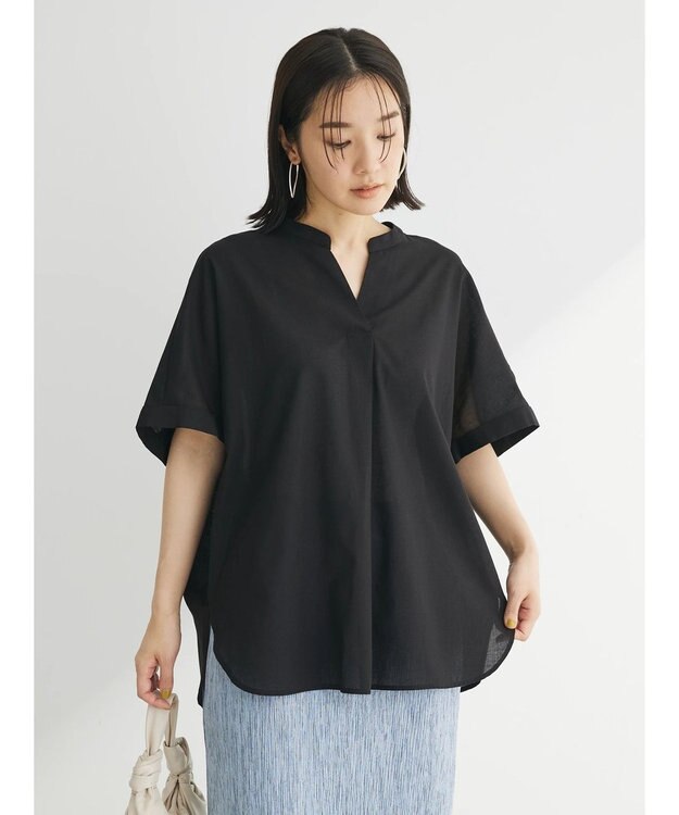 Green Parks 綿麻混フレンチスリーブスキッパーシャツ Black