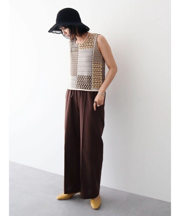 Green Parks 綿麻混イージーワイドパンツ Brown