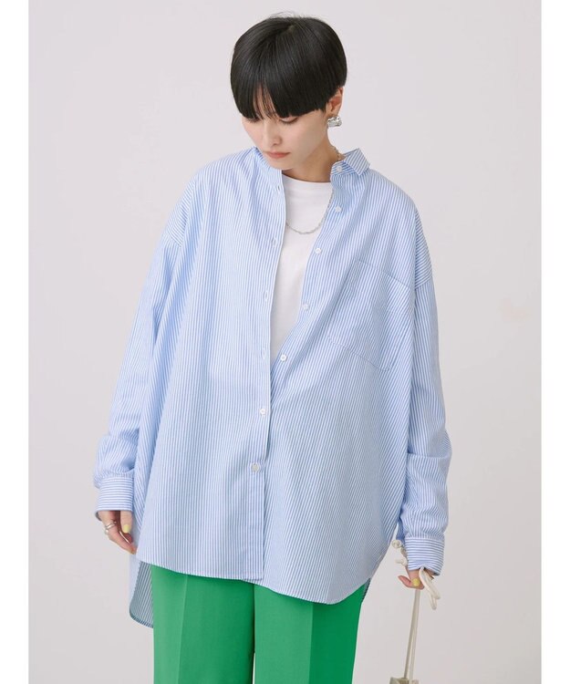 AMERICAN HOLIC ＵＶカット加工バックタックシャツチュニック Stripe Sax