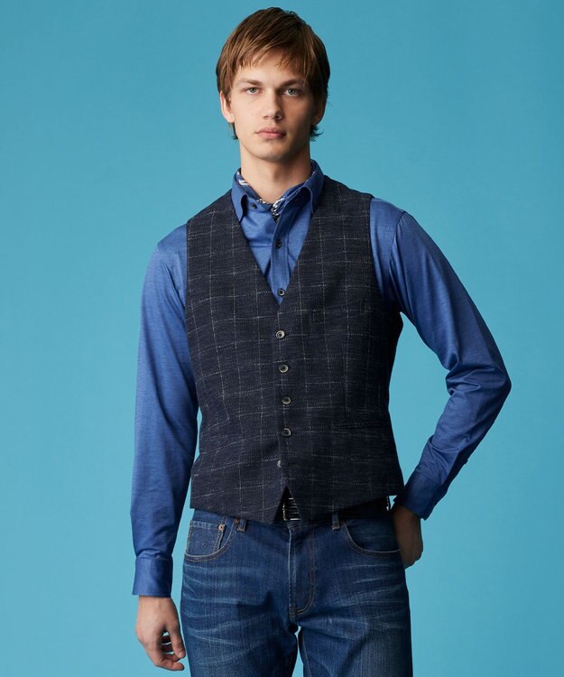 JOSEPH ABBOUD 【イタリア素材/軽量/ストレッチ】サマーツィードジャージーチェック プリント ベスト ネイビー系4