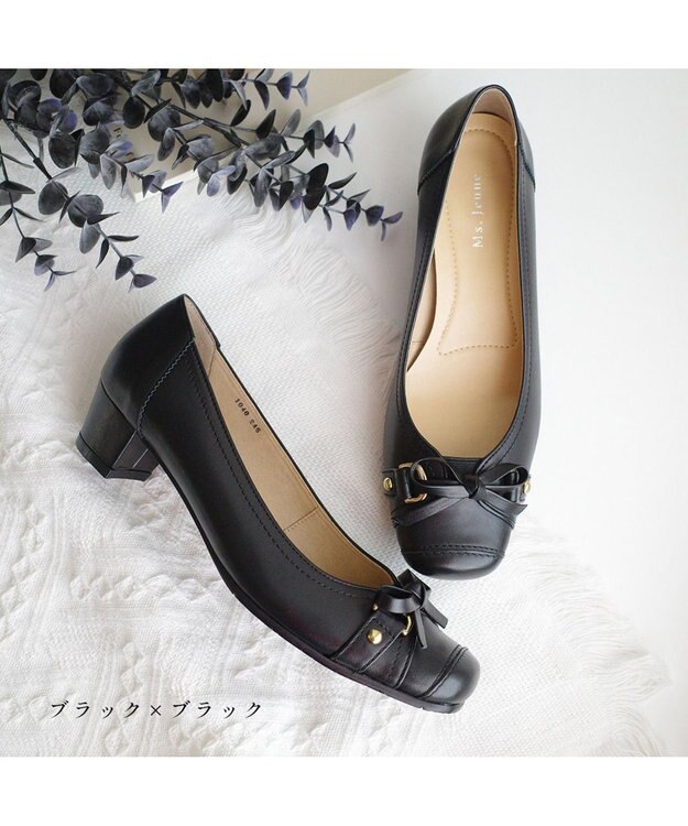 Pointer 日本製 本革リボン付きパンプス ブラック×ブラック