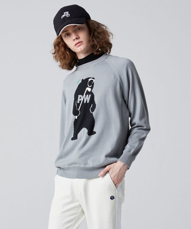 PW CIRCULUS 【MEN】【洗える】ベアスタンドモチーフ ラグランスリーブ クルーネック ニット ライトグレー系