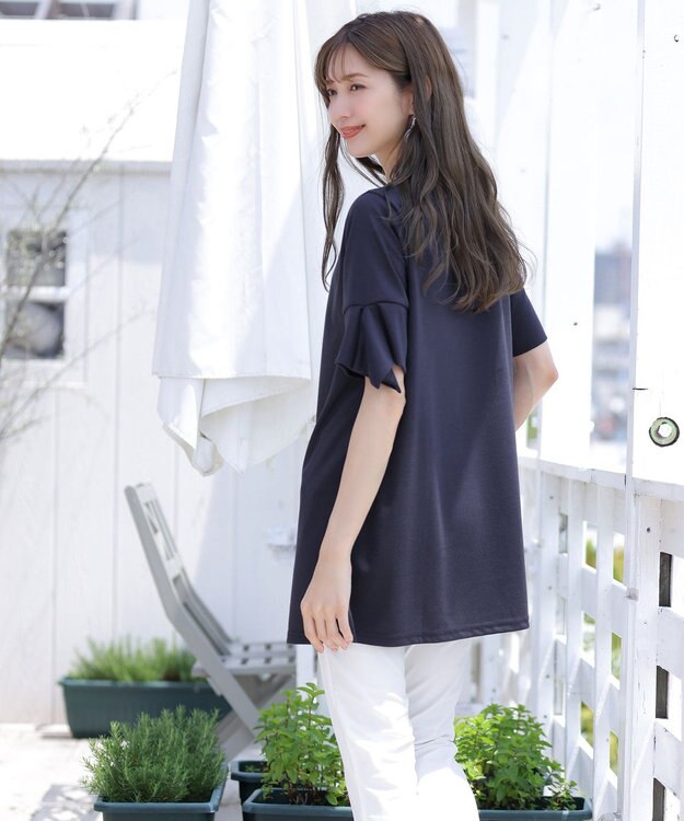 Tiaclasse 【洗える】フレアカフスポンチチュニックブラウス ネイビー