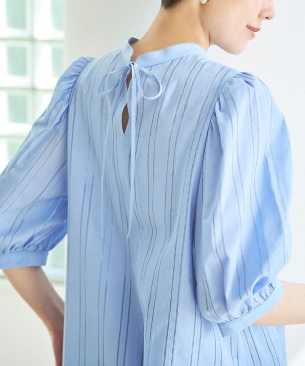 UNFILO ストライプレース 2WAY パフスリーブブラウス ブルー