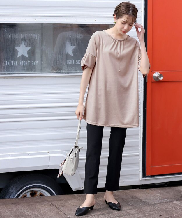 Tiaclasse 【洗える】フレアカフスポンチチュニックブラウス グレージュ