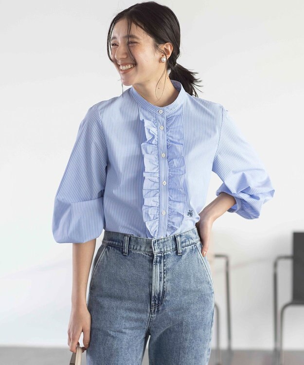 組曲 コンパクトシャーティング フリルブラウス スカイブルー系1