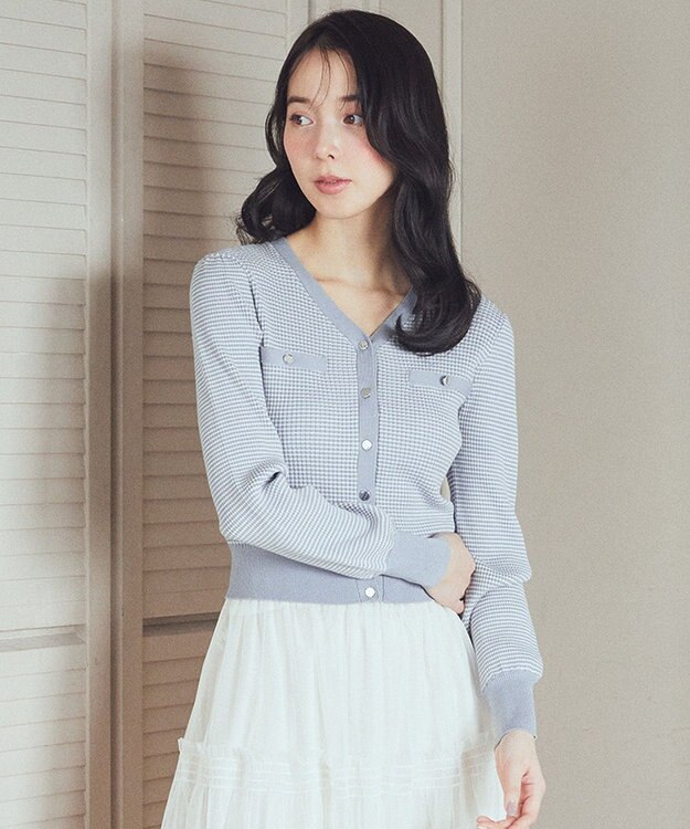 earth music&ecology マイクロボーダーＶネックコンパクトカーディガン Grayish Blue