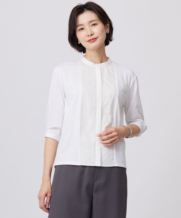 J.PRESS LADIES 【洗える】エンブロシャツジャージー ブラウスライク カットソー ホワイト系