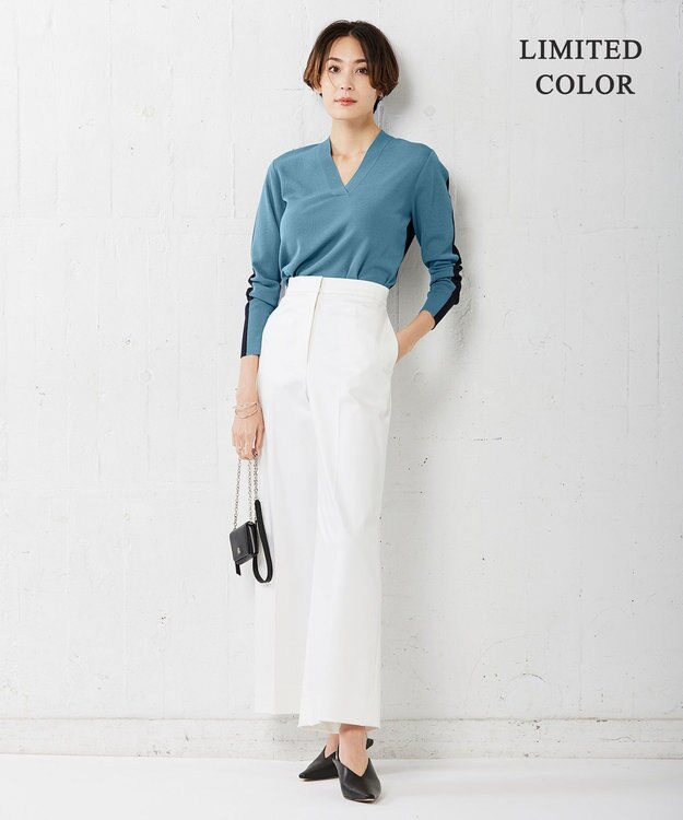 ICB 【洗える】 シンセティックフルニードル Vネックプルオーバー ライトブルーグレー×ネイビー系［WEB限定］