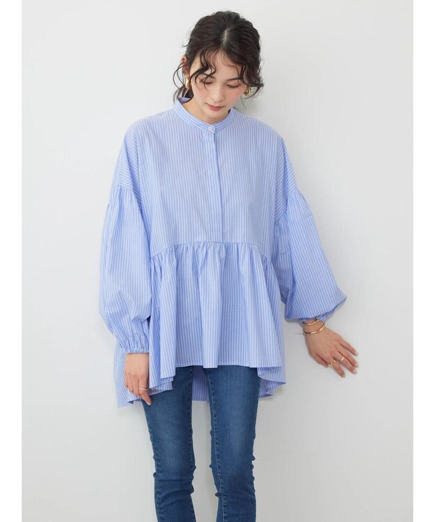 AMERICAN HOLIC サラックール／ＵＶカットティアードブラウス Stripe Sax