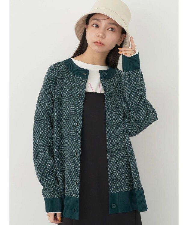 earth music&ecology ダイヤ柄ジャガードカーディガン Dark Green