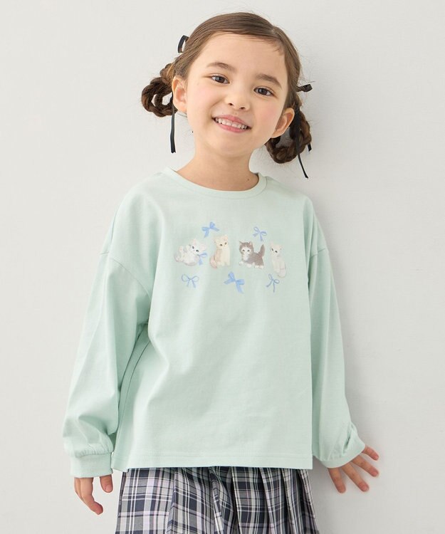 ANY KIDS 【綿100%】ネコアソート 長袖Tシャツ ミント