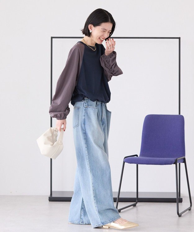 AMERICAN HOLIC 異素材ギャザースリーブミニ裏毛プルオーバ Navy