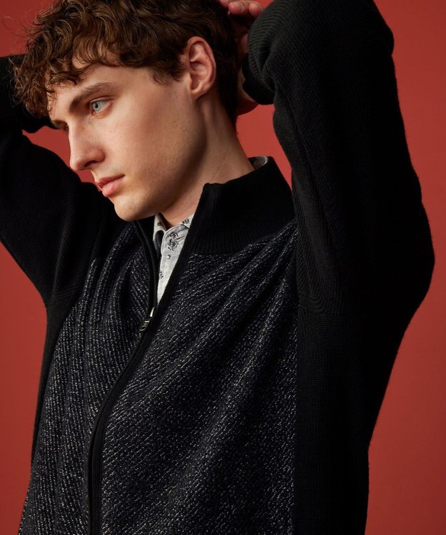 JOSEPH ABBOUD 【イタリア糸使用/洗える】メリノブレンドモール ジップ ニット ブルゾン ブラック系