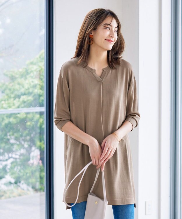 Tiaclasse 【洗える】キーネックニットチュニック モカ