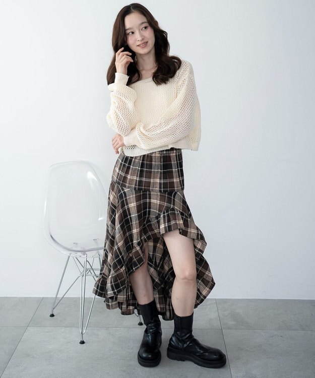 WEGO チェックアシンメトリーフリルロングスカート ブラウンチェック1