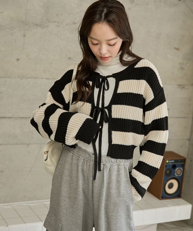 WEGO 【2024年秋冬新色カラー追加★】リボン2WAYカーデ ブラックボーダー