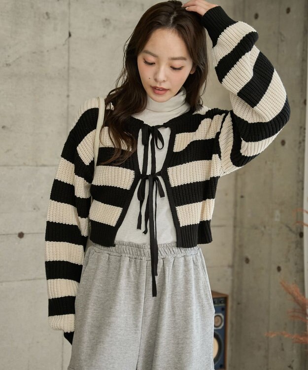 WEGO 【2024年秋冬新色カラー追加★】リボン2WAYカーデ ブラックボーダー