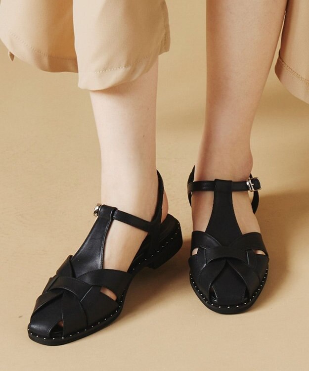 Dominic3 スタッズピース レザーケージサンダル ブラック