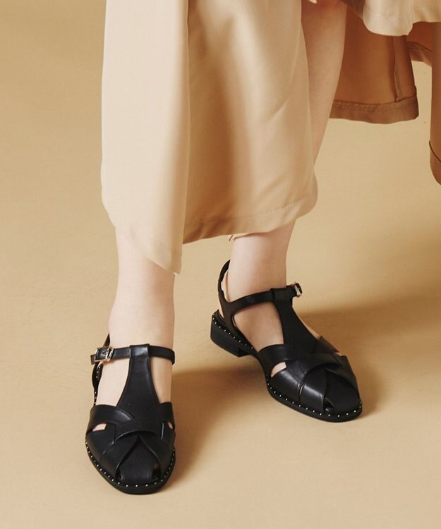 Dominic3 スタッズピース レザーケージサンダル ブラック