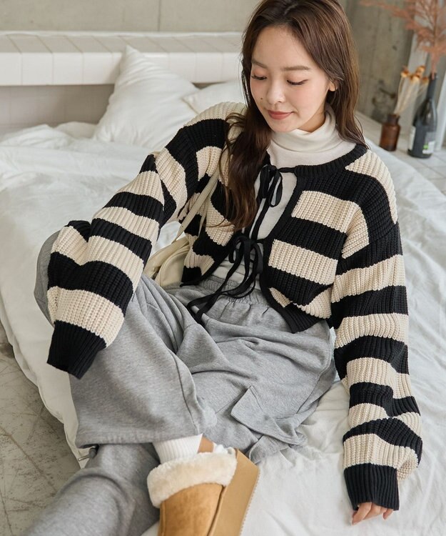 WEGO 【2024年秋冬新色カラー追加★】リボン2WAYカーデ ブラックボーダー