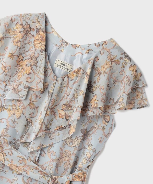 GRACE CONTINENTAL サラサプリントフリルカラーワンピース サックス