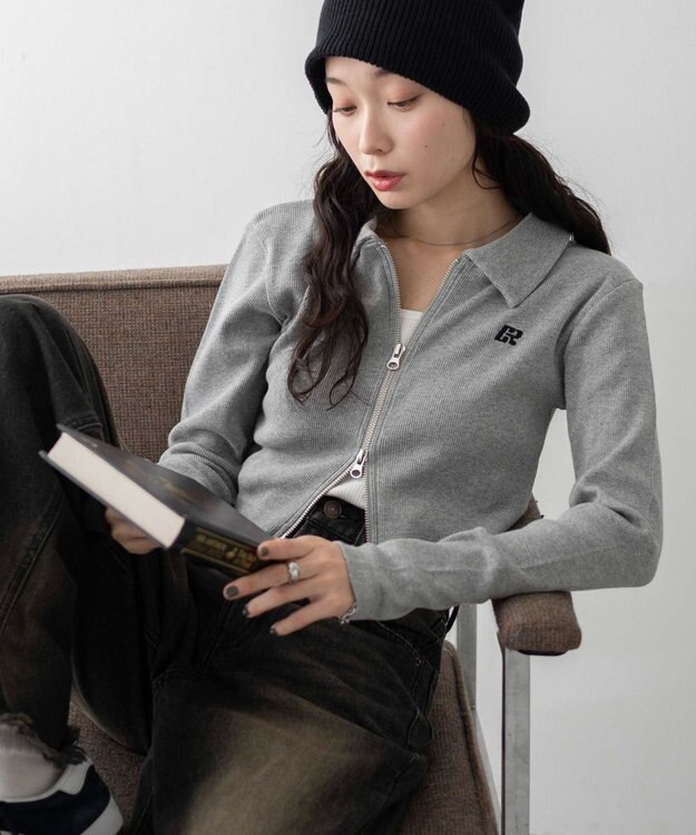 WEGO ワンポイント刺繍WZIP長袖トップス 杢グレー