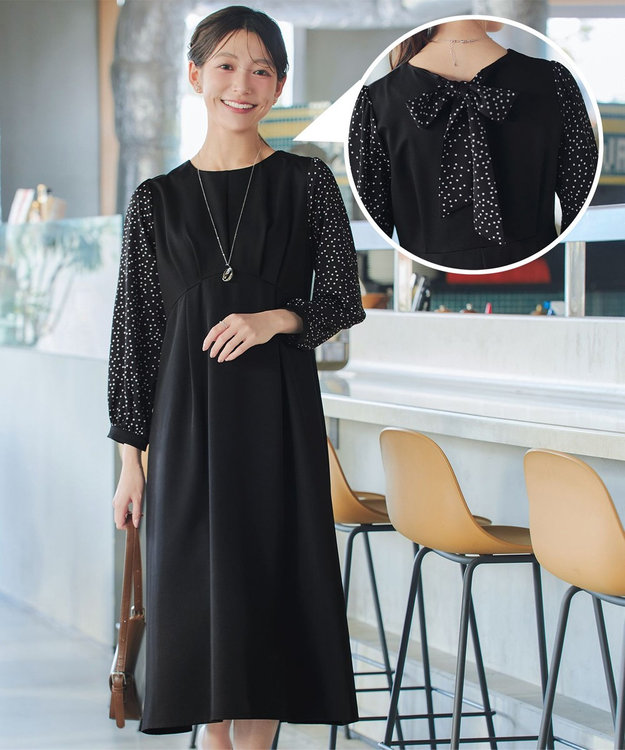 Tiaclasse L ドット柄コンビバックリボンタックワンピース ブラック