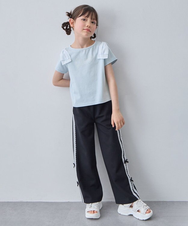 ANY KIDS 【綿100%】肩リボン×ラインストーンロゴ 半袖Tシャツ サックスブルー