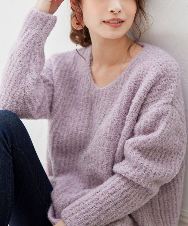 Tiaclasse L 【洗える】表情豊かなVネックMIX糸オーバーニット ラベンダー