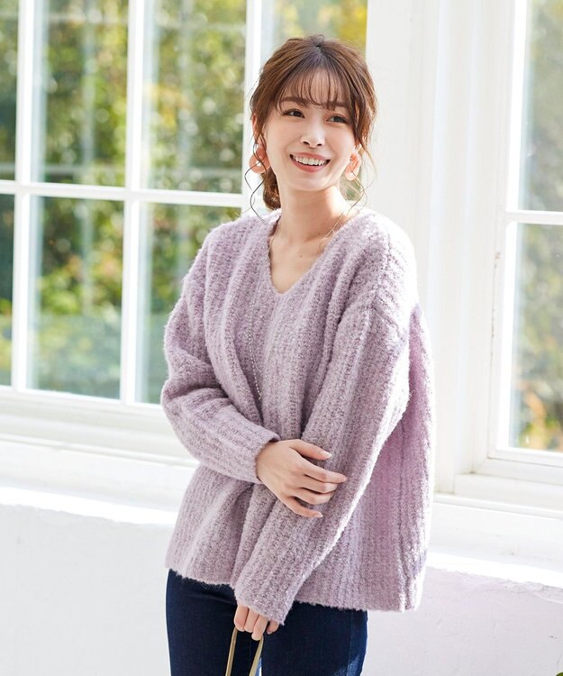 Tiaclasse L 【洗える】表情豊かなVネックMIX糸オーバーニット ラベンダー